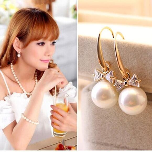 Unbranded Jewelry - White‎ Faux Pearl Flash Diamond Bow Earrings Dangly Elegant Boho Classic Chic